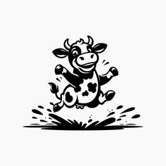 a black and white drawing of a cow jumping in the air with it's mouth open