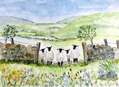 a painting of sheep standing in the grass by a fence