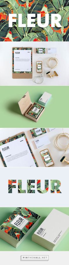 three different types of business cards and envelopes with the words fleur on them