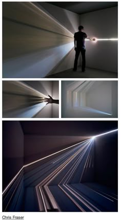 three different shots of a man standing in a room with light coming from the ceiling