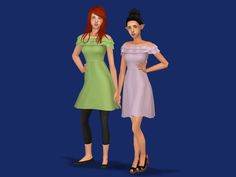 two animated women standing next to each other in front of a blue background and one is wearing a green dress