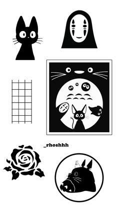 some black and white images with different designs on them, including an image of a cat