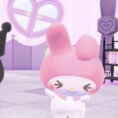 an animated image of a cat with a pink hat and tail, standing in front of a mirror