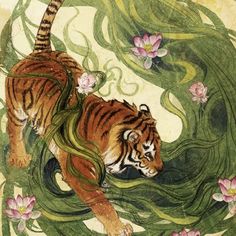 a painting of a tiger walking through water with flowers on it's back legs