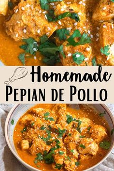 the recipe for homemade pepian de pollo is shown in two pictures