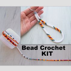 the bead crochet kit is being held by a person's hand