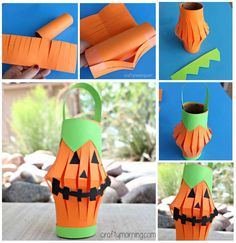 the steps to make a paper pumpkin lantern with construction paper and glue on it for decoration