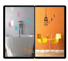 two pictures side by side, one with a bathtub and the other with chairs