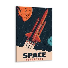 an illustration of a space shuttle flying through the sky with planets in the background canvas wall art print