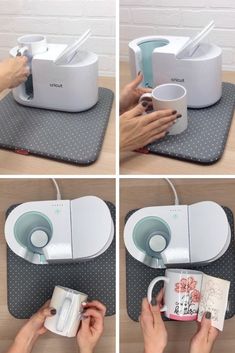 four pictures showing how to make a coffee mug holder with two cups and one cup