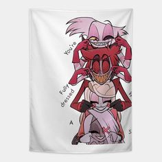 two cartoon characters are hugging each other on a white wall hanging tapestry, with the caption you're my furry friend dressed as a demon