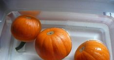 three oranges sitting on top of a plastic container