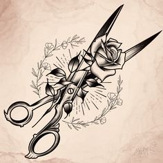 a pair of scissors with a rose tattoo design on it's side and an arrow in the middle