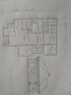 a drawing of a floor plan for a building with two rooms and one bathroom in it