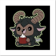 an animal with horns holding a cup of coffee