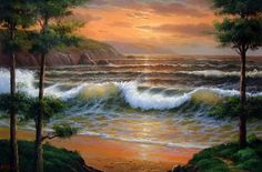 a painting of the ocean with waves coming in from the shore and trees lining the shoreline