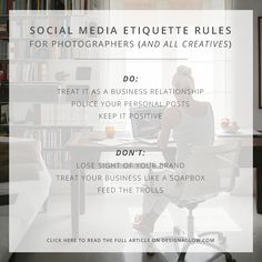 a woman sitting at a desk in front of a laptop computer with the words social media etiquette rules for photographers and all creatives