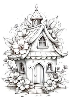 a drawing of a house with flowers and leaves on the outside, in black and white