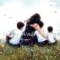 a painting of three children sitting on the grass with their arms around each other as if they were hugging