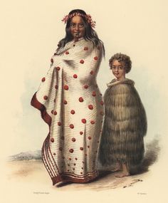 an illustration of two women dressed in native american clothing, one wearing a shawl