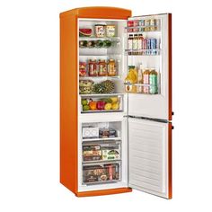 an orange refrigerator with its door open and food inside it, on a white background