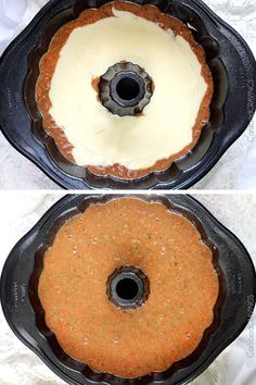 two cakes in black pans with white frosting on top and one has an orange cake