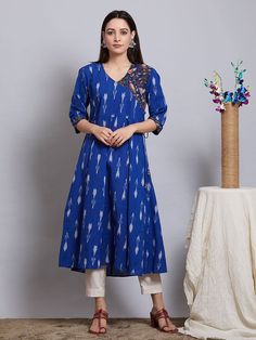 Blue White Cotton Ikat Angrakha Kurta Kurta Fashion, डिजाइनर कपड़े, Green Patterns, Off White Pants