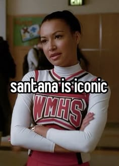 a girl with her arms crossed and the words santana is iconic