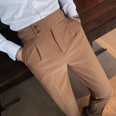 2021 New Design Men High Waist Trousers Solid England Business Casual – Wiaofellas Suits Details, Trousers Men Formal, Men's British Style, High Waist Trousers, White Clothing, Spring Suit, Business Casual Work