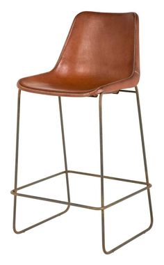 a brown leather bar stool with metal frame and footrests on an isolated white background