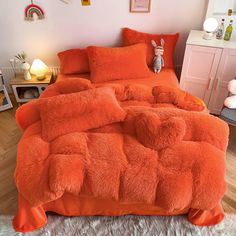 Hug and Snug Fluffy Orange Duvet Cover Set Orange Bed, Orange Duvet Covers, Fluffy Bedding, Future Apartment Decor, Apartment Decor Inspiration, Maximalism, Bed Sets, Cozy Bedding, Room Inspiration Bedroom