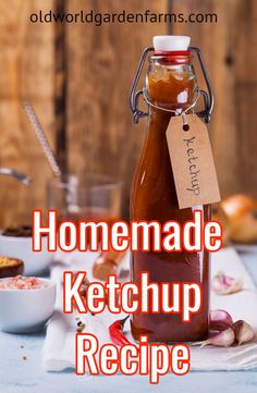 homemade ketchup recipe in a glass bottle on a table with ingredients around it