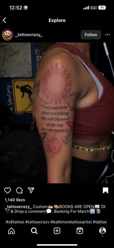 the back of a woman's arm with tattoos on it and an image of a sun