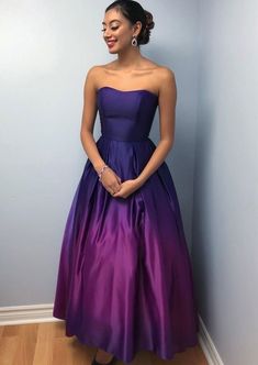 Purple Satin Prom Dress, Ombre Purple, Ombre Prom Dresses, Purple Prom, Long Formal Gowns, Strapless Prom Dresses, Dress With Pleats, Unique Prom Dresses, Purple Satin