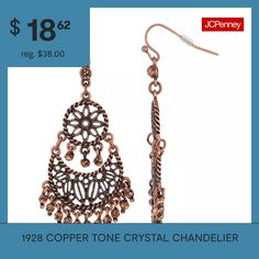 The antiqued finish of these copper tone chandelier earrings gives them a darker hue which contrasts beautifully with the sparkling topaz crystals dangling throughout. A cresent shape is suspended from a medallion stamped with a flower design, creating free moving tiers.Bead Type: Glass, CrystalEarring Back: French WireMetal Color: BrownEarring Length: 2 1/4 InchEarring Width: 1 InchCare: Wipe CleanEarrings Style: Chandelier EarringsMetal: AlloyCountry of Origin: Imported Earrings Chandelier, Crystal Chandelier Earrings, Antique Finish, Earrings Color, Crystal Chandelier, Chandelier Earrings, Flower Design, Color Light, Flower Designs