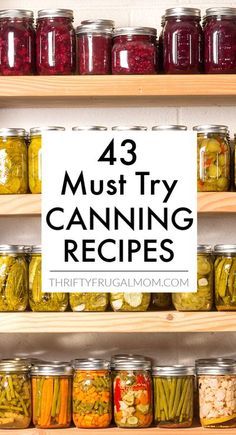 jars filled with pickles and other vegetables on shelves in a grocery store text overlay reads 43 must try canning recipes