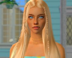 a blonde haired woman with long hair and blue eyes wearing a necklace that has braids on it