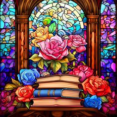 a stained glass window with roses and books