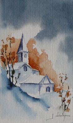 a watercolor painting of a church on a hill with trees in the foreground