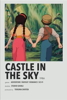 the poster for castle in the sky with two people holding hands and looking at each other