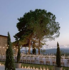 an outdoor dining area with tables and chairs set up for dinner under trees at dusk