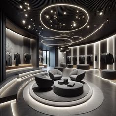 a room that has some couches and chairs in it with lights on the ceiling