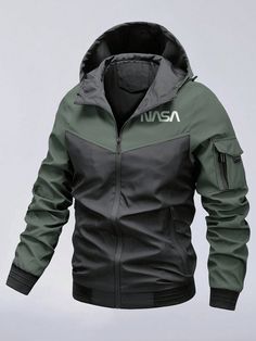 Verde militar Casual Collar manga larga Tela Letras Más Embellished No-Elástico Todo Hooded Winter Coat, Hooded Jacket Men, Color Block Jacket, Men Plus Size, Mens Plus Size, Ootd Outfit, Mens Outerwear, Men Clothing, Light Jacket