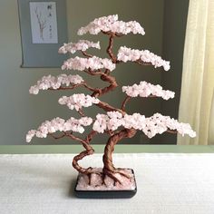 a bonsai tree with pink flowers on a table