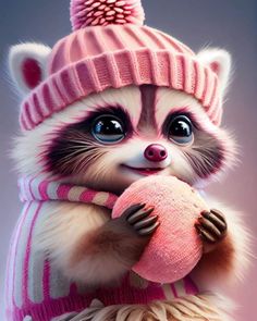 a raccoon wearing a pink hat and scarf holding a ball in its paws