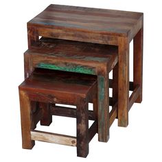 three wooden tables stacked on top of each other