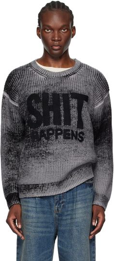 Rib knit merino wool sweater. Reverse printing effect throughout. · Crewneck · Needle-punched text appliqués at chest · Dropped shoulders Supplier color: Distressed black Boyfriend Sweater, Anti Fashion, Type Shi, Distressed Sweaters, Knit Men, Knitwear Men, Merino Wool Sweater, Textured Knit, Shirt Ideas