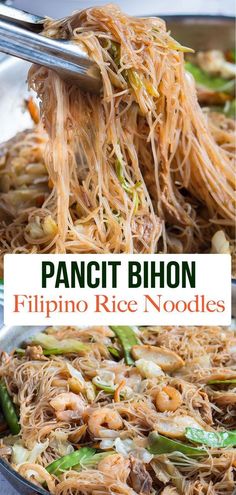 pancit bhon with fried rice noodles in a skillet and the title overlay reads