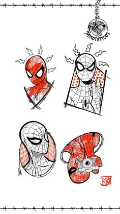 spiderman and other cartoon characters are depicted in this hand - drawn drawing by the artist