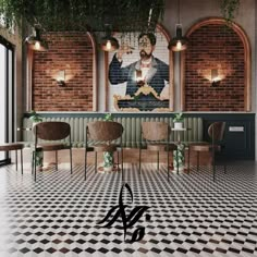 a restaurant with black and white checkered flooring, brick walls and large paintings on the wall